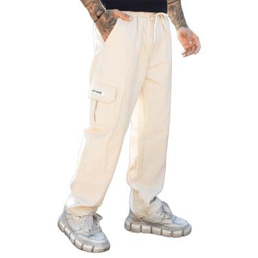 Imagem de Calça Cargo Boca Larga Skate Jeans Sarja Streetwear Masculino Feminino Unissex Creme-Masculino
