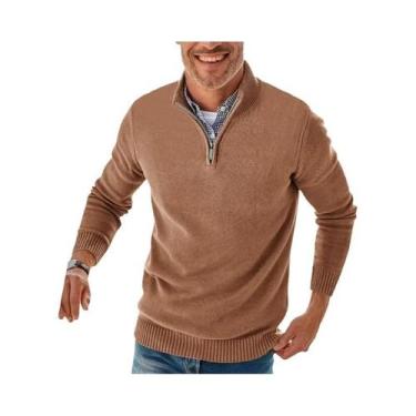 Imagem de Suéter Masculino De Tricô Com Zíper E Gola Alta, Manga Longa, Casual E