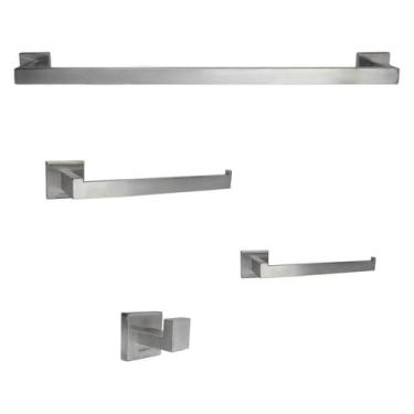 Imagem de Kit Acessórios Banheiro Quadrado Aço Inox Escovado 4 Peças - KOKAY
