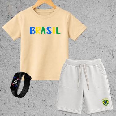 Imagem de Conjunto Infantil Brasil Camiseta e Short Moletinho Menino Roupa Copa Estilo Esportivo Confortável-Masculino