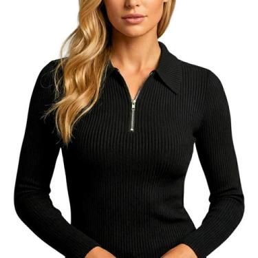 Imagem de Camiseta Polo Feminina Canelada Manga Longa com Zíper Slim Fit Casual 