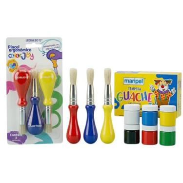 Imagem de Pincel Ergonômico + Tinta Guache Pega Infantil TEA Escolar - Leo & Leo