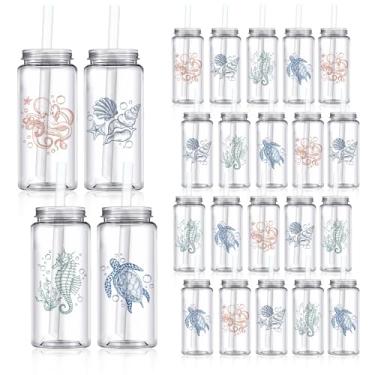 Imagem de AnyDesign 20 peças de copos de plástico oceânicos com tampas e canudos copos transparentes para festa copos reutilizáveis de animais marinhos para verão, casamento, chá de bebê, artigos de festa de
