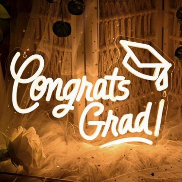 Imagem de Placa Neon Lingqiang Congrats Grad 40x28 cm LED Branco Quente