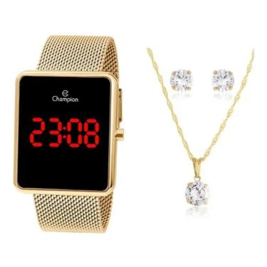 Imagem de Relogio Champion Dourado Quadrado Digital Led Vermelho Ch40080v + Semi Joia