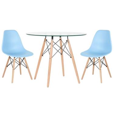 Imagem de Mesa Redonda Eames Com Tampo De Vidro 90 Cm + 2 Cadeiras Eiffel Dsw Azul Claro