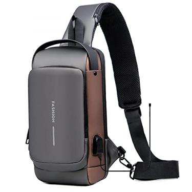 Imagem de NUTOT pochete transversal masculina esportes viagens,bolsa de peito à prova d'água,shoulder bag masculina ao ar livre,mochila transversal masculina anti-roubo,fechadura de combinação (marrom cinza)