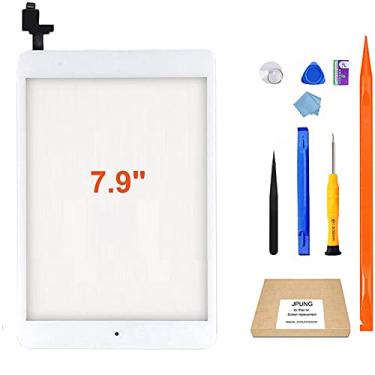 Imagem de JPUNG Substituição de tela para iPad Mini 1/iPad Mini 2, A1432, A1454, A1455, A1489, A1490, digitalizador de tela sensível ao toque (branco), com botão Home, kit de reparo completo