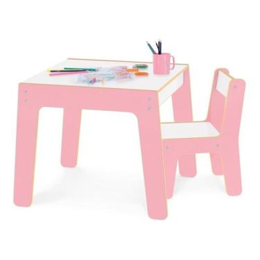Imagem de Conjunto Mesa Infantil Em Madeira Com Cadeira Rosa Mesinha Didatica -