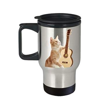 Imagem de Caneca de viagem divertida de gato tocando ukulele - Chá divertido de café de cacau quente - Ideia de de Natal