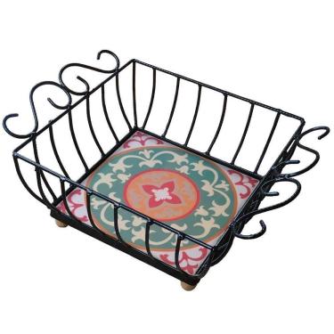 Imagem de Fruteira De Mesa Ferro E Azulejo Quadrada Grande Pra Cozinha Azulejo G2