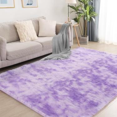 Imagem de Tapete felpudo Puremy, 122 x 176 cm, ultramacio, antiderrapante, decoração de casa para ambiente interno, quarto, quarto de bebê, escritório, sala de estar e de jogos, tie-dye roxo
