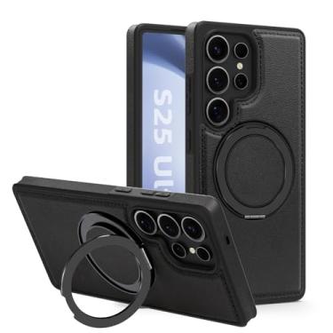 Imagem de Newhalper Capa magnética de couro adequada para Samsung Galaxy S25 Ultra [compatível com MagSafe] [Suporte e suporte de anel rotativo de 360 graus] Capa de telefone para Samsung S25 Ultra (preto)