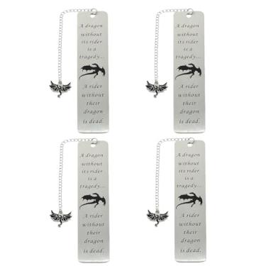 Imagem de 4 marcadores de livro de dragão para homens, marcador de livro de dragão quarta asa, marcador de livro de metal de dragão voador com borla, marcadores de livro para homens de leitura, presentes para