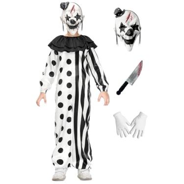 Imagem de BesserBay Conjunto de fantasia infantil de palhaço assassino assustador de Halloween com luvas e faca de plástico de 6 a 16 anos, Preto e branco, 10 Anos