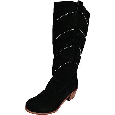 Imagem de Botas femininas de salto grosso médio largura extra larga cano alto cano cano alto moda retrô clássica bota de inverno larga cano médio, Preto, 34 BR
