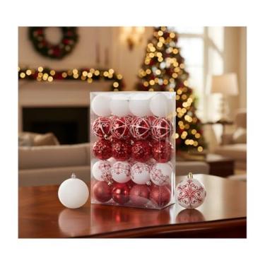 Imagem de Kit 30 Bolas De Natal 6cm Grande Mista Enfeites Natalino Árvore Decorada Pinheiro Decoração Presente Ornamentos Festa Christmas Ball Natalina (Vermelho-Branco)