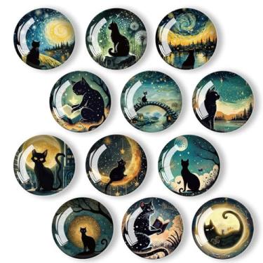 Imagem de Lissaberg 12 peças de ímãs de gato preto para geladeira, ímãs de decoração forte magnético redondo de vidro adesivo de geladeira para armário, quadro branco de escritório escolar, armário, gato preto
