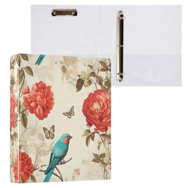 Imagem de Wassud Pasta de anéis turquesa de pássaros e flores com clipe organizador de 3 anéis com fichário decorativo de bolso transparente A4 suporte de documentos para escritório, casa, 1 pacote