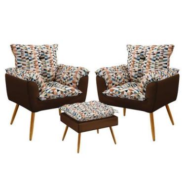 Imagem de Kit 2 Poltronas Opala com Puff Lunar Suede Estampado Laranja com Marro