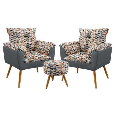 Imagem de Kit 2 Poltronas Opala com Puff Solar Suede Estampado Laranja com Cinza