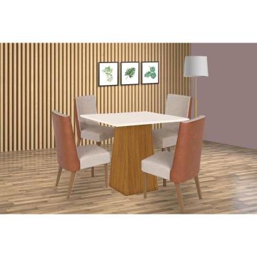 Imagem de Conjunto: Mesa de Cozinha Dora Tampo Madeirado 90x90cm e 4 Cadeiras Anne Nature/Courano/Linho - Henn