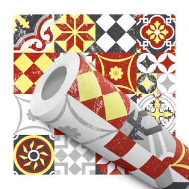 Imagem de Papel De Parede Vinílico Azulejo Português Vermelho e Amarelo Cozinha 