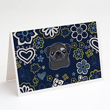 Imagem de Caroline's Treasures BB5114GCA7P Cartões de felicitações e envelopes de pug pretos com flores azuis, pacote com 8, 7 x 5, multicolorido