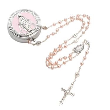 Imagem de Colar de rosário católico com contas de pérolas artificiais de 6 mm com peça central da Virgem Maria e pacote de crucifixo em caixa de presente de metal, 20inches, Acrílico, Sem Pedra Preciosa