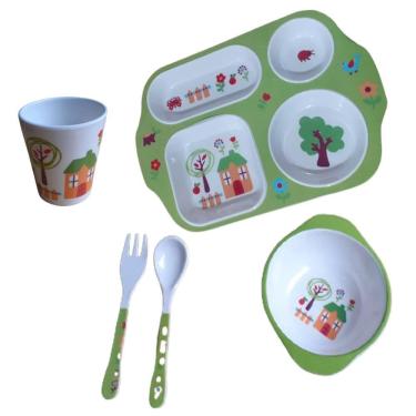 Imagem de Kit Refeição Infantil Papinha Prato Copo Talheres Pote 5 Pçs