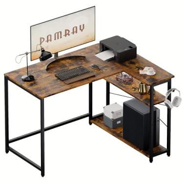 Imagem de Pamray Mesa de computador em forma de L de 109 cm com prateleiras laterais reversíveis, mesa de canto pequena para escritório em casa com espaço pequeno, mesa de estudo, mesa de computador para quarto