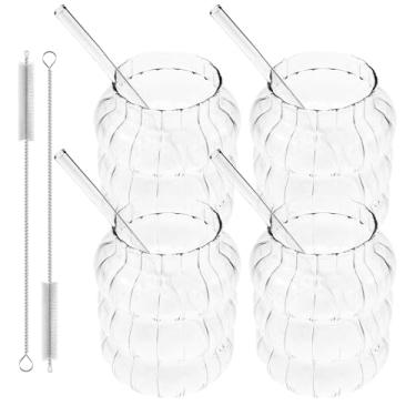 Imagem de 4 peças de copos de vidro canelados, copos de vidro com nervuras de 623 g com canudo de vidro, copos vintage com design em forma de onda, xícara de café ondulada, para suco, leite, coquetéis (estilo 2