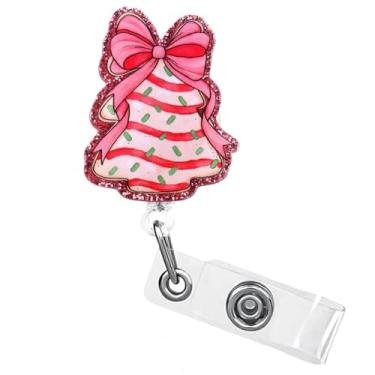 Imagem de Carretel de crachá de árvore de Natal retrátil com clipe jacaré com glitter para enfermeiras de enfermagem RN CNA médico, trabalhador médico e professor