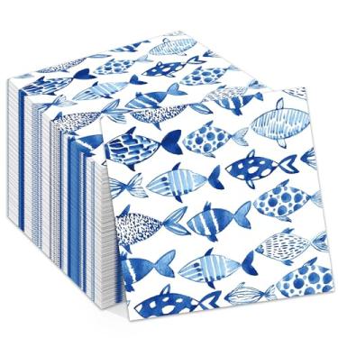 Imagem de Guardanapo de papel de peixe oceano, 40 peças, azul, aquarela, peixe, descartável, guardanapo de papel de jantar, para casa, cozinha, banheiro, artigos de festa, decoração de mesa, 16,5 x 16,5