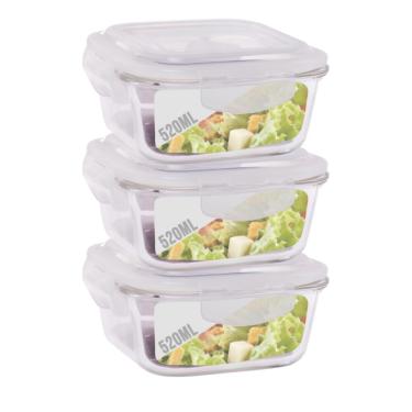 Imagem de Conjunto 3 Potes de Vidro 520ml Hermético 4 Travas Marmita