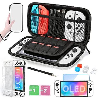 Imagem de Estojo de transporte para Switch OLED, kit de acessórios 11 em 1 para Nintendo Switch OLED com estojo protetor rígido transparente, protetor de tela HD Switch e capas para polegar