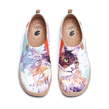Imagem de UIN Sapatos femininos artísticos fofos com design de animais de estimação, sapatos sem cadarço, divertidos, confortáveis, casuais, leves, mocassins para o dia a dia, Gato curvo, 38