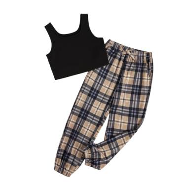 Imagem de SOLY HUX Conjunto de 2 peças para meninas com letras e blusa cropped e calça roupas fofas moda 2023, Xadrez preto bege, 7Y