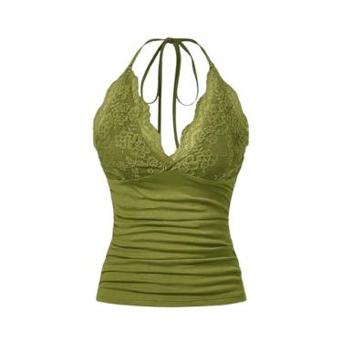 Imagem de MakeMeChic Blusa feminina Y2K de renda contrastante, franzida, gola V, frente única, Verde oliva, M