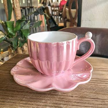 Imagem de Conjunto de chávena criativa de concha de pérola com pires conjunto de chá de cerâmica europeia pequena chique xícara de café xícara de chá de escritório