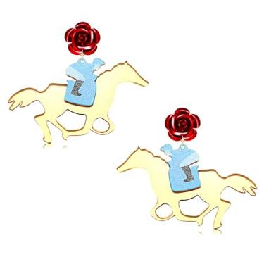 Imagem de Brincos Kentucky Derby para mulheres, traje de equitação Derby, brincos de ferradura, dia de corrida de cavalos, brincos com pingente de gota de flor rosa Kentucky Derby, acessórios para roupas e