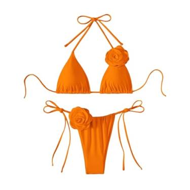 Imagem de Falainetee Conjunto de biquíni feminino com apliques florais, cintura alta, triângulo, amarrado, lateral, biquíni, Todo laranja, M