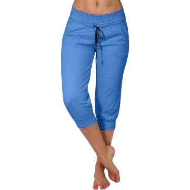 Imagem de Macacões femininos casuais de verão nova calça elástica cropped casual para mulheres moda calça de cintura alta para mulheres, Azul, G