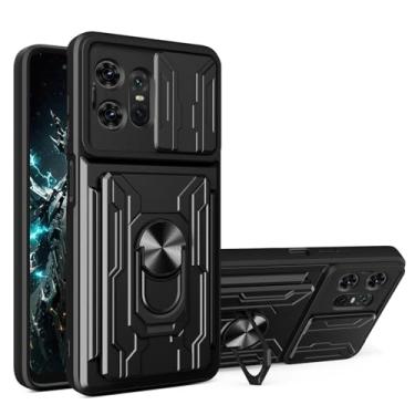 Imagem de CCSmall Capa para Motorola Edge 50 Pro com suporte para cartão e capa de câmera deslizante, capa de proteção contra quedas de nível militar com anel de suporte para celular para Moto Edge 50 Pro 5G
