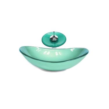 Imagem de Cuba de vidro oval 47cm verde + valvula + torneira cascata