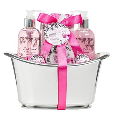 Imagem de Home Spa Bath Basking Basket Orquídea rosa e fragrância de morango balsâmico - Banho e corpo conjunto para mulheres, contém bombas de banho, loção para a pele, sais de banho, banheira de espuma e gel de chuveiro