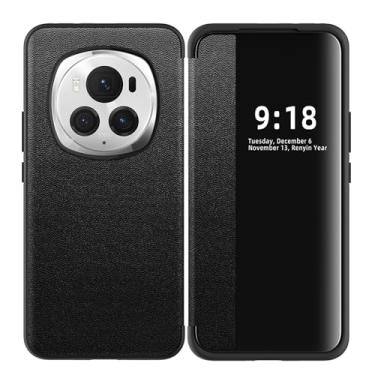 Imagem de LTLMYDAM Capa de couro para Honor Magic 6 Pro/6, capa flip view fina transparente para PC janela negócios capa protetora magnética para celular, preta, 6Pro