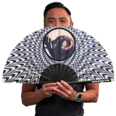 Imagem de PandaTak Ventoinhas dobráveis de orgulho gay, leque de bambu grande engraçado de 33 cm com tinta reativa UV, para festas de circuito LGBTQ, festivais EDM e raves (Pedro Raccoon)