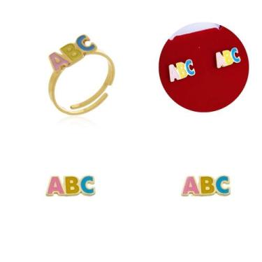 Imagem de Anel ABC ajustável + Brinco Colorido Em banho de Ouro 18k - Crislu Per