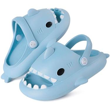 Imagem de Chinelos infantis de tubarão deslizantes para meninos e meninas, crianças, crianças, nuvens, sandálias de bico aberto, sola grossa acolchoada, sapatos de piscina, Alça azul-celeste, 19-20